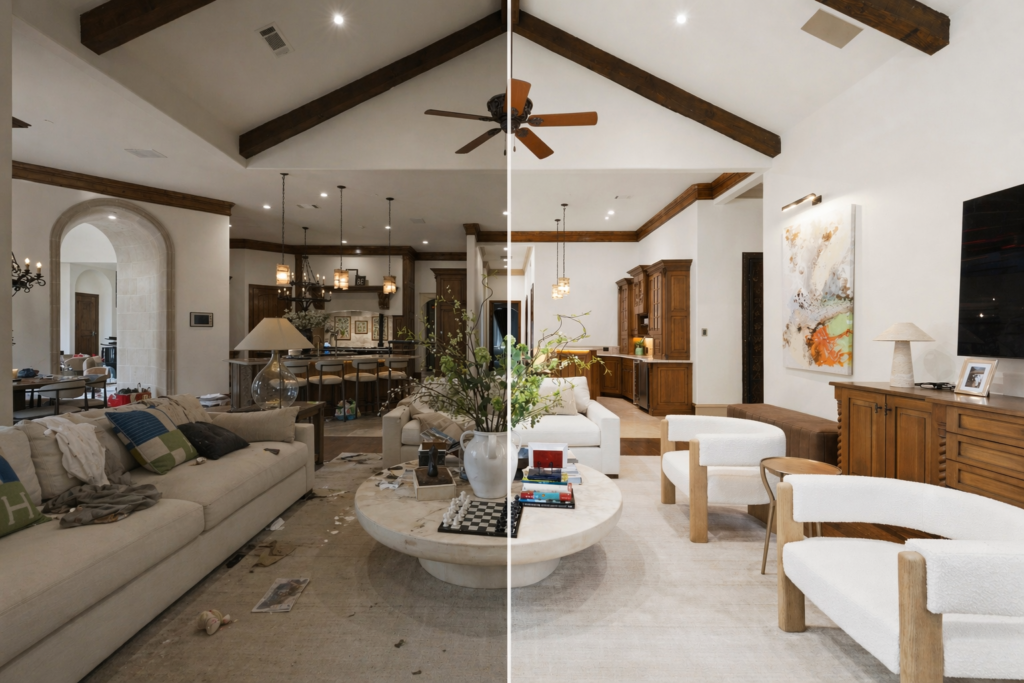 Split image of living room showing messy, poorly lit home vs clean, staged interior ready for sale