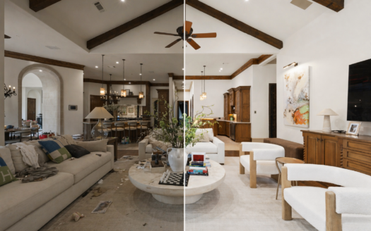 Split image of living room showing messy, poorly lit home vs clean, staged interior ready for sale